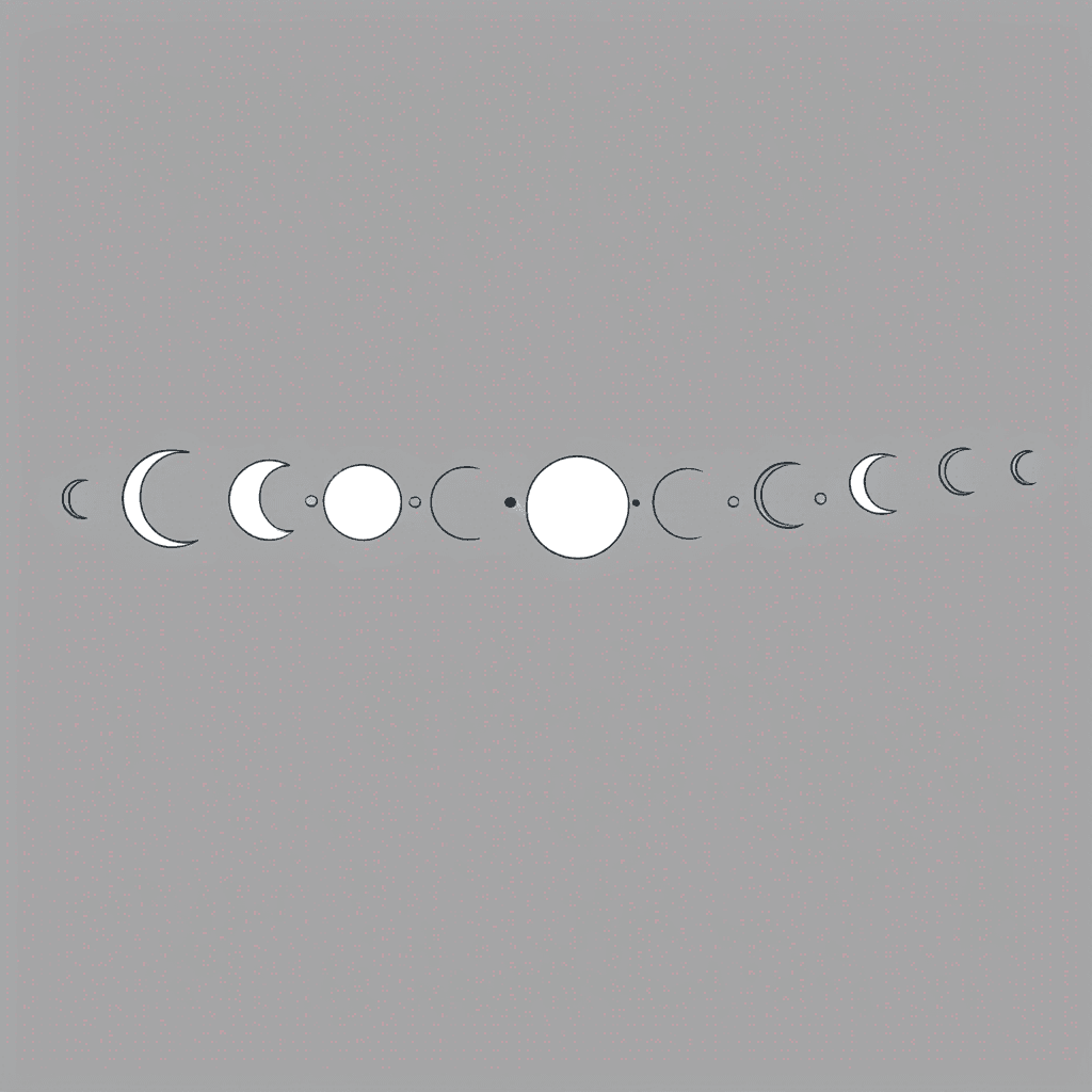 Fine line tattoo, horizontal row of seven moon phases evenly spaced in a straight line, from left to right: thin waxing crescent, waxing quarter, waxing gibbous, full solid black moon in the center, waning gibbous, waning quarter, thin waning crescent, the central full moon slightly larger than the others, transitioning from delicate fine line work on the outer crescents to solid blackwork in the center, two tiny minimalist sleeping curled cat silhouettes resting inside the second and sixth crescent moons as small negative space cutouts, thin precise hairline strokes, clean edges, lots of negative space around, stencil-friendly, elegant, minimalist, horizontal composition