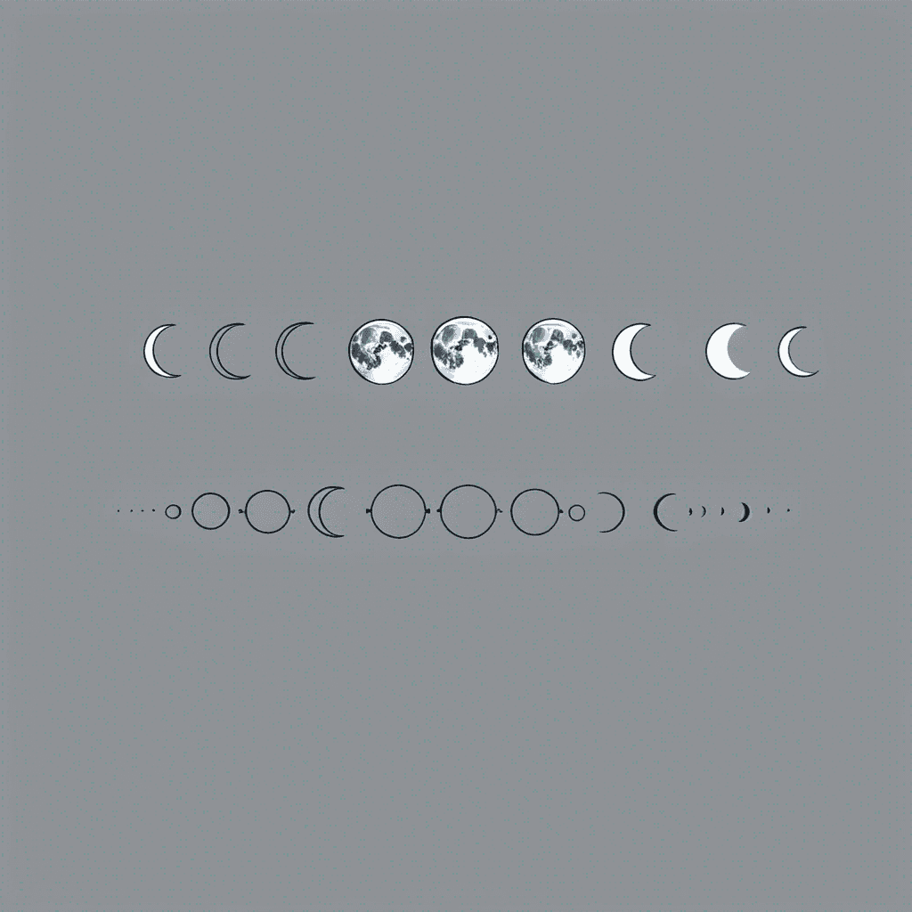 Fine line tattoo, horizontal row of seven moon phases evenly spaced in a straight line, from left to right: thin waxing crescent, waxing quarter, waxing gibbous, full solid black moon in the center, waning gibbous, waning quarter, thin waning crescent, the central full moon slightly larger than the others, transitioning from delicate fine line work on the outer crescents to solid blackwork in the center, two tiny minimalist sleeping curled cat silhouettes resting inside the second and sixth crescent moons as small negative space cutouts, thin precise hairline strokes, clean edges, lots of negative space around, stencil-friendly, elegant, minimalist, horizontal composition