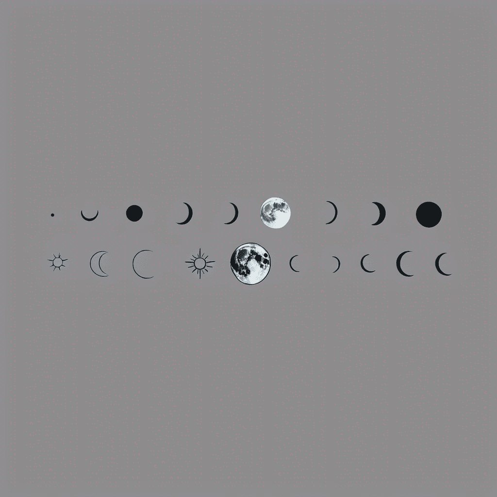 Fine line tattoo, horizontal row of seven moon phases evenly spaced in a straight line, from left to right: thin waxing crescent, waxing quarter, waxing gibbous, full solid black moon in the center, waning gibbous, waning quarter, thin waning crescent, the central full moon slightly larger than the others, transitioning from delicate fine line work on the outer crescents to solid blackwork in the center, two tiny minimalist sleeping curled cat silhouettes resting inside the second and sixth crescent moons as small negative space cutouts, thin precise hairline strokes, clean edges, lots of negative space around, stencil-friendly, elegant, minimalist, horizontal composition