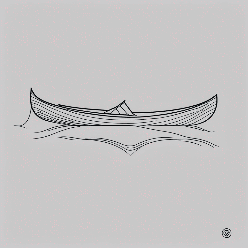 Fine line tattoo, simple side view of a slender elegant wooden canoe centered horizontally, empty canoe with subtle curved bow and stern, three or four thin horizontal wavy water ripple lines underneath the canoe suggesting calm water, thin precise hairline strokes, lots of negative space above and below, clean minimal composition, stencil-friendly, elegant, minimalist