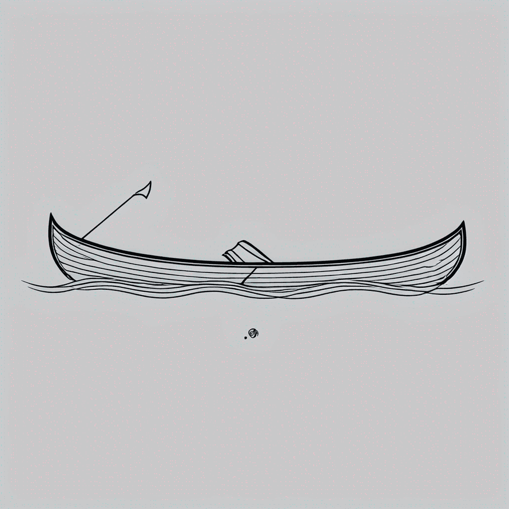Fine line tattoo, simple side view of a slender elegant wooden canoe centered horizontally, empty canoe with subtle curved bow and stern, three or four thin horizontal wavy water ripple lines underneath the canoe suggesting calm water, thin precise hairline strokes, lots of negative space above and below, clean minimal composition, stencil-friendly, elegant, minimalist