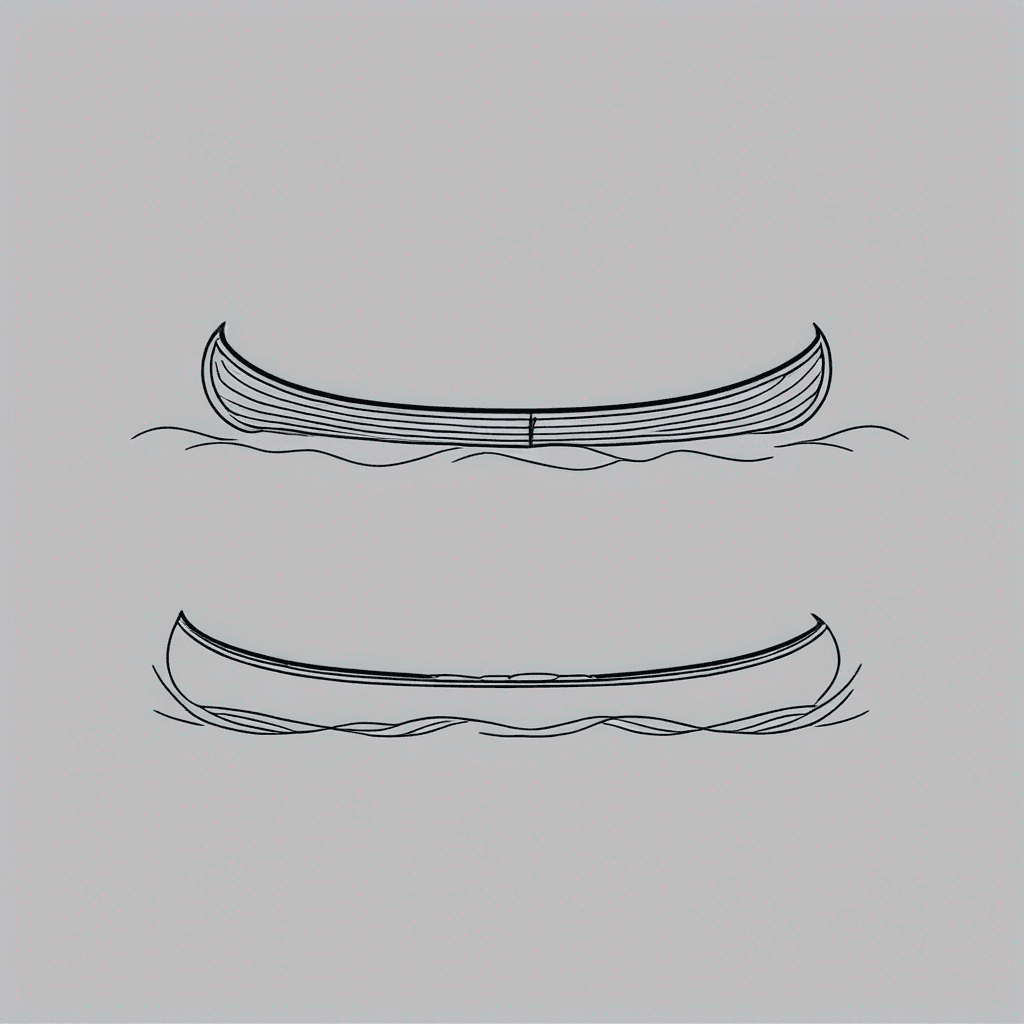 Fine line tattoo, simple side view of a slender elegant wooden canoe centered horizontally, empty canoe with subtle curved bow and stern, three or four thin horizontal wavy water ripple lines underneath the canoe suggesting calm water, thin precise hairline strokes, lots of negative space above and below, clean minimal composition, stencil-friendly, elegant, minimalist