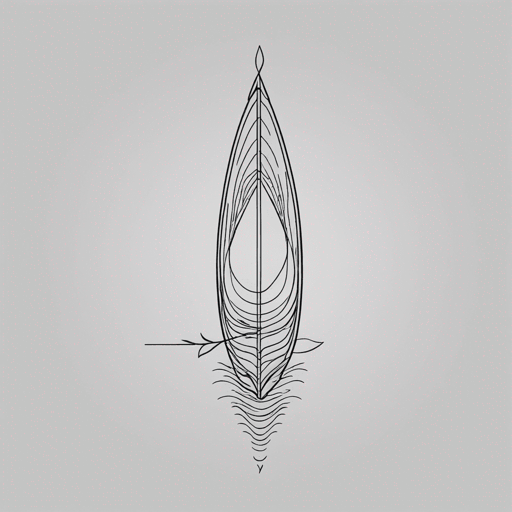 Fine line tattoo, simple side view of a slender elegant wooden canoe centered horizontally, empty canoe with subtle curved bow and stern, three or four thin horizontal wavy water ripple lines underneath the canoe suggesting calm water, thin precise hairline strokes, lots of negative space above and below, clean minimal composition, stencil-friendly, elegant, minimalist