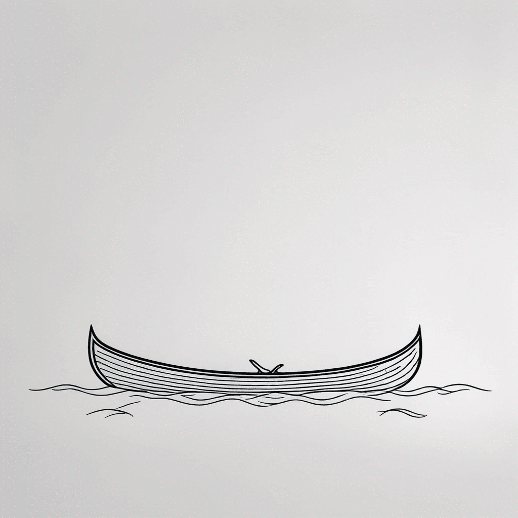 Fine line tattoo, simple side view of a slender elegant wooden canoe centered horizontally, empty canoe with subtle curved bow and stern, three or four thin horizontal wavy water ripple lines underneath the canoe suggesting calm water, thin precise hairline strokes, lots of negative space above and below, clean minimal composition, stencil-friendly, elegant, minimalist