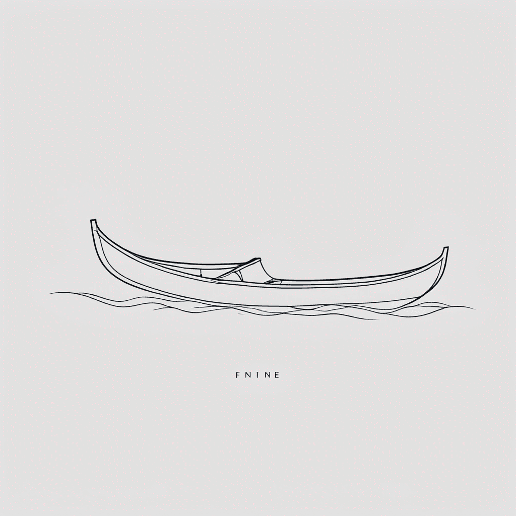 Fine line tattoo, single empty wooden canoe from side view, floating on calm water, three thin horizontal wave lines under the canoe, simple silhouette, no paddle, no oar, no people, lots of empty white space, hairline strokes, minimalist