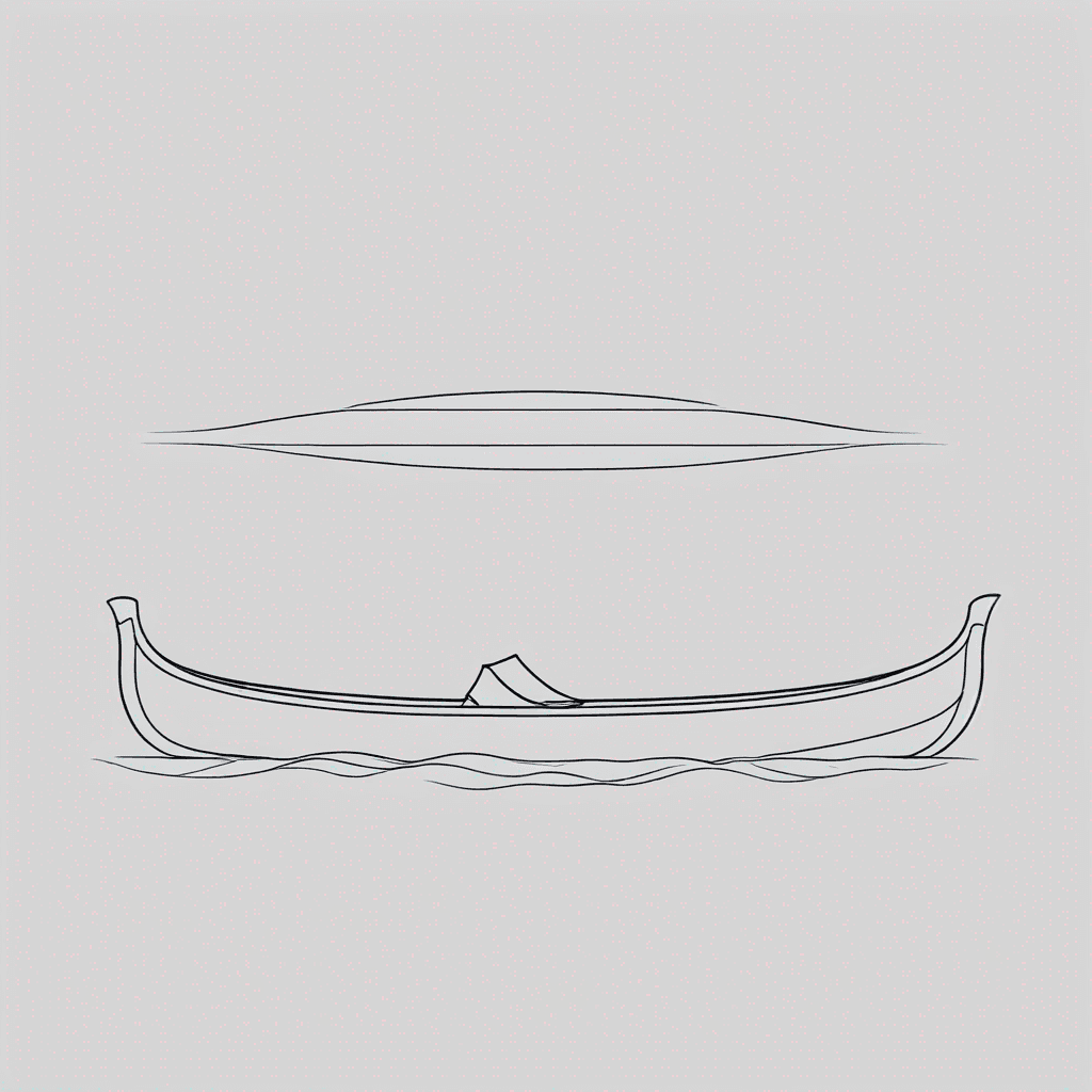 Fine line tattoo, single empty wooden canoe from side view, floating on calm water, three thin horizontal wave lines under the canoe, simple silhouette, no paddle, no oar, no people, lots of empty white space, hairline strokes, minimalist