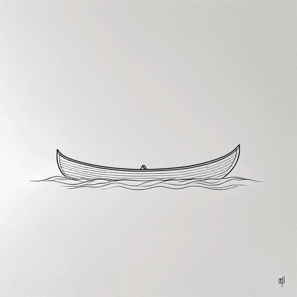 Fine line tattoo, single empty wooden canoe from side view, floating on calm water, three thin horizontal wave lines under the canoe, simple silhouette, no paddle, no oar, no people, lots of empty white space, hairline strokes, minimalist