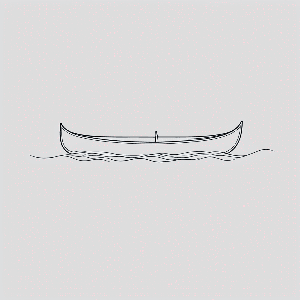 Fine line tattoo, single empty wooden canoe from side view, floating on calm water, three thin horizontal wave lines under the canoe, simple silhouette, no paddle, no oar, no people, lots of empty white space, hairline strokes, minimalist