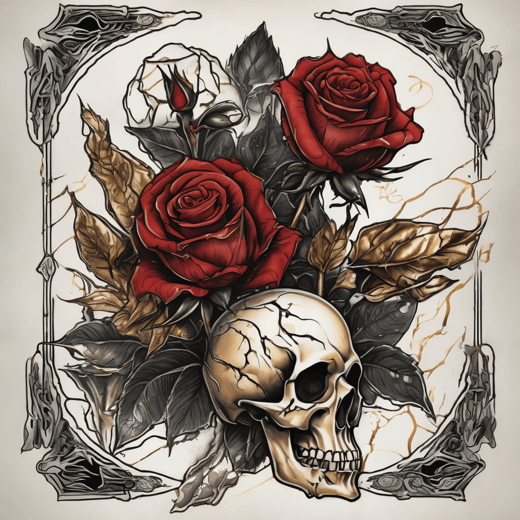 3 roses (gold/red/white) sprout from dark bog; petals falling; dirty black armband with gold rim, '33' jagged gothic under stems; smudged charcoal bg