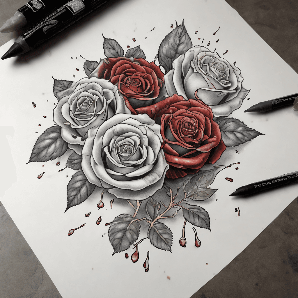 3 roses that are gold, red and white sprouting out of the ground, with petals from each rose falling onto the ground around them, with a few petals of each colour still currently falling through the air. the ground itself is a dark brown/grey, almost like a battlefield or a bog but the roses show signs of life in the broken land. a black and gold-edged armband (that has 33 on the front in gothic, almost jagged font) rests partly on the ground as well as the stems of the three roses. The armband looks like it has been ripped off of the wearer perhaps in a battle as it has since become slightly dirty laying beneath the roses. this all sits on a smudged charcoal background