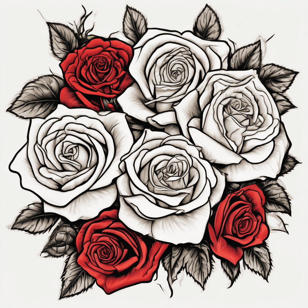 one white rose flower, one red rose flower and one gold rose flower (3 roses total) viewed from ground level, as if they were planted in the soil