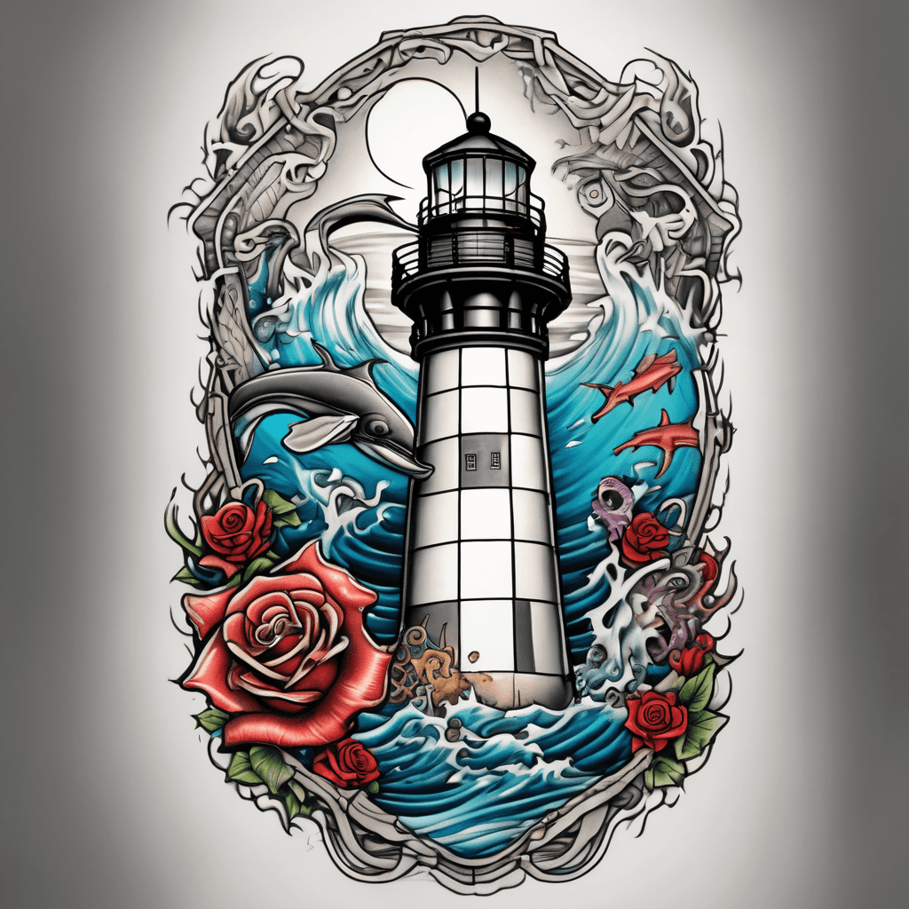 Color half sleeve design that features the cape Hatteras lighthouse, waves, a manta ray, and an octopus