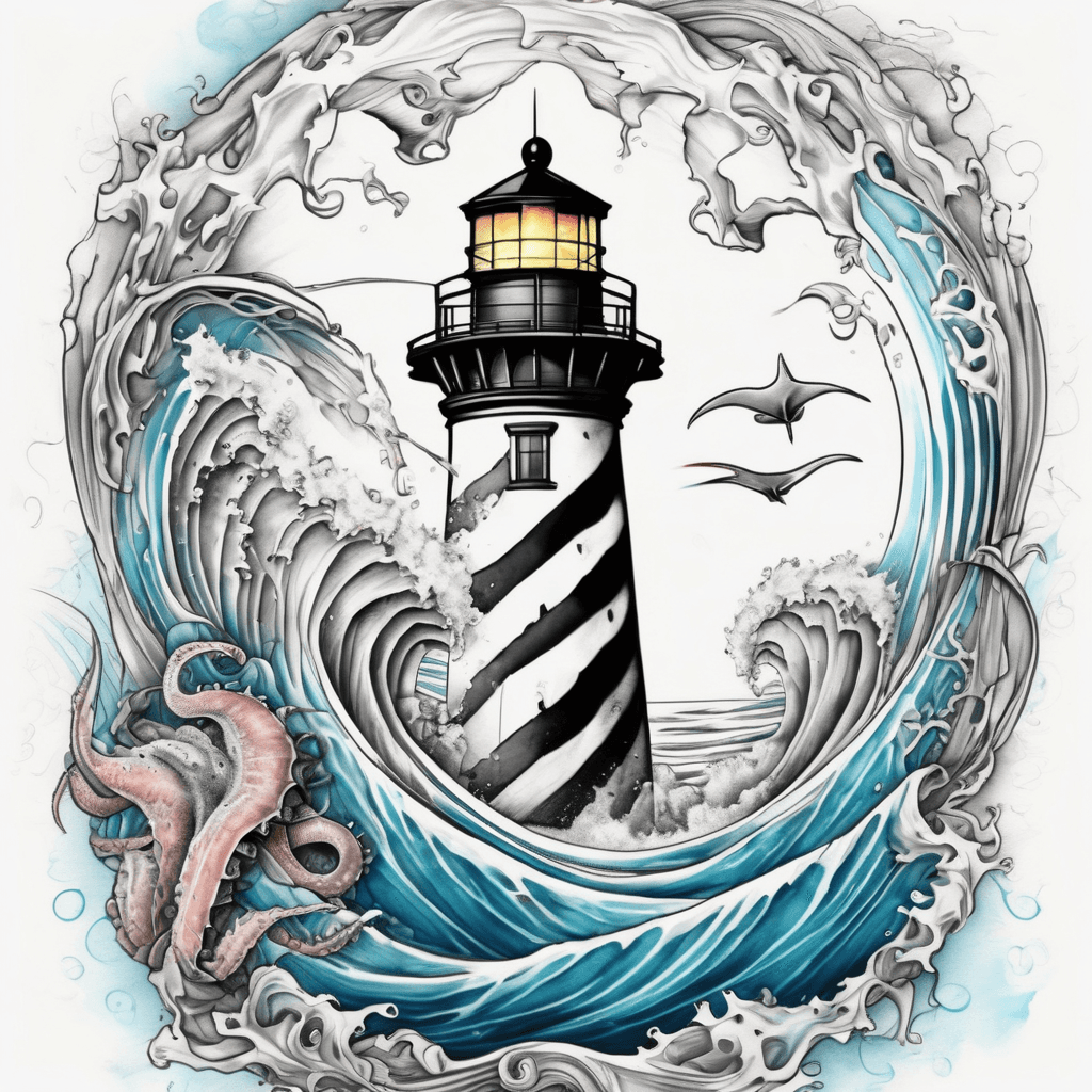 Color half sleeve design that features the cape Hatteras lighthouse, waves, a manta ray, and an octopus