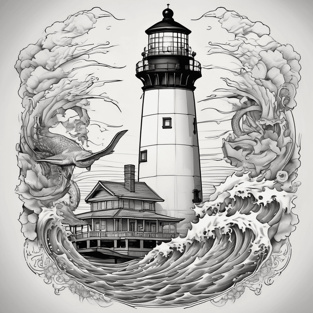 Color half sleeve design that features the cape Hatteras lighthouse, waves, a manta ray, and an octopus