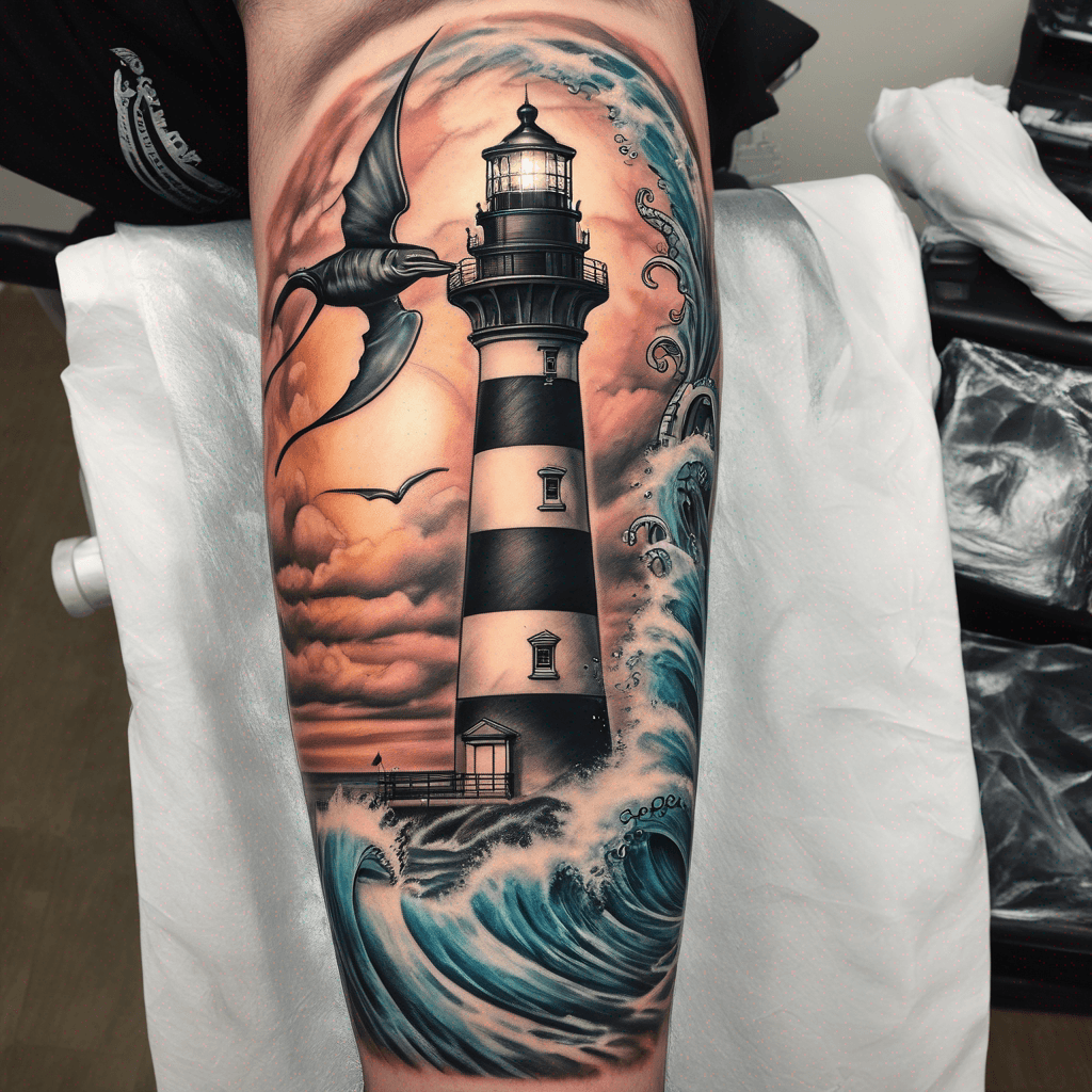 Color half sleeve design that features the cape Hatteras lighthouse, waves, a manta ray, and an octopus