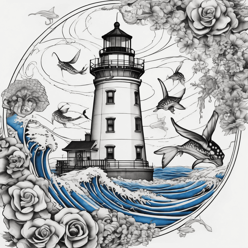 Top third Cape Hatteras lighthouse with black-and-white spiral; flowing waves into underwater with blue-ring octopus and spotted eagle ray, fine-line