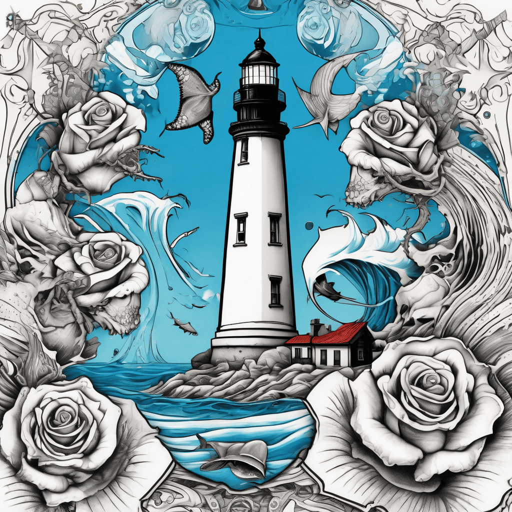Cape Hatteras lighthouse less than 1/3 of design that transitions to waves then an underwater scene with a blue-ring octopus and spotted eagle ray