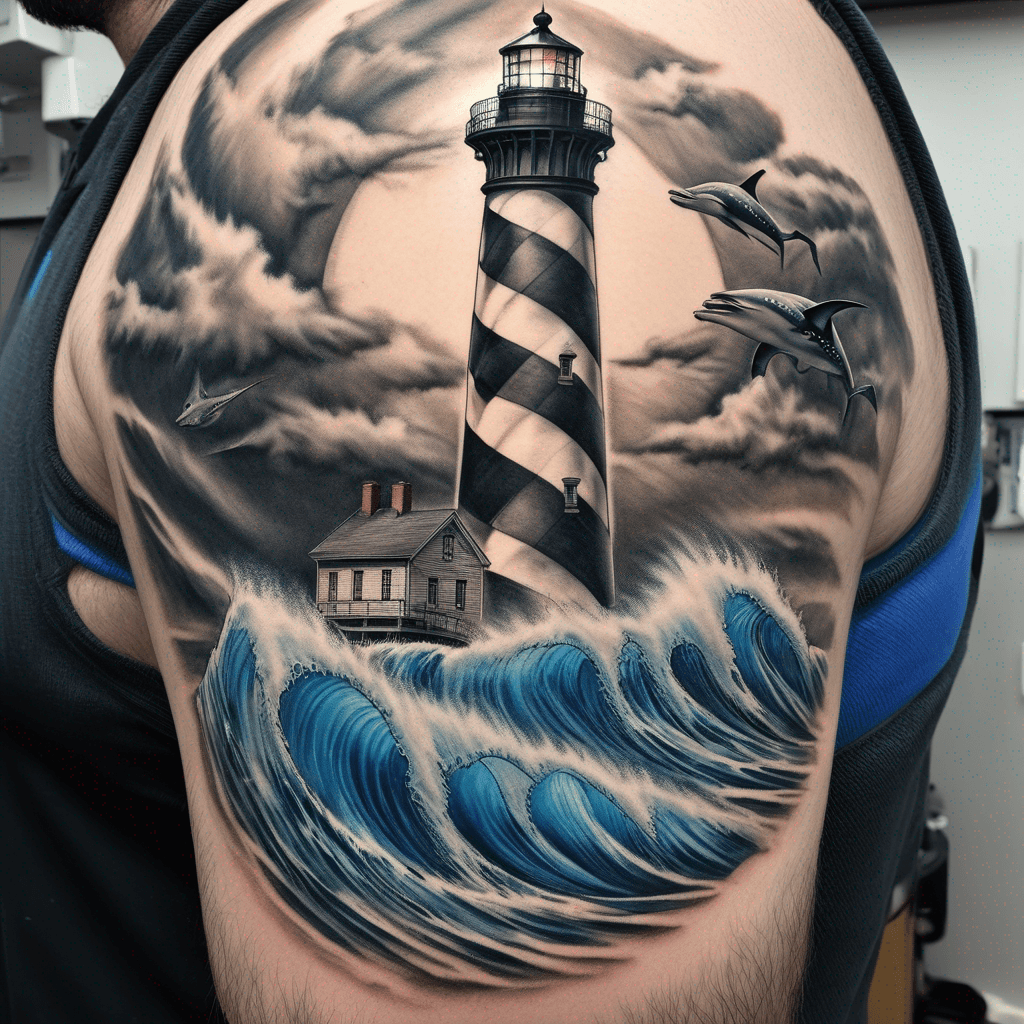 Cape Hatteras lighthouse less than 1/3 of design that transitions to waves then an underwater scene with a blue-ring octopus and spotted eagle ray