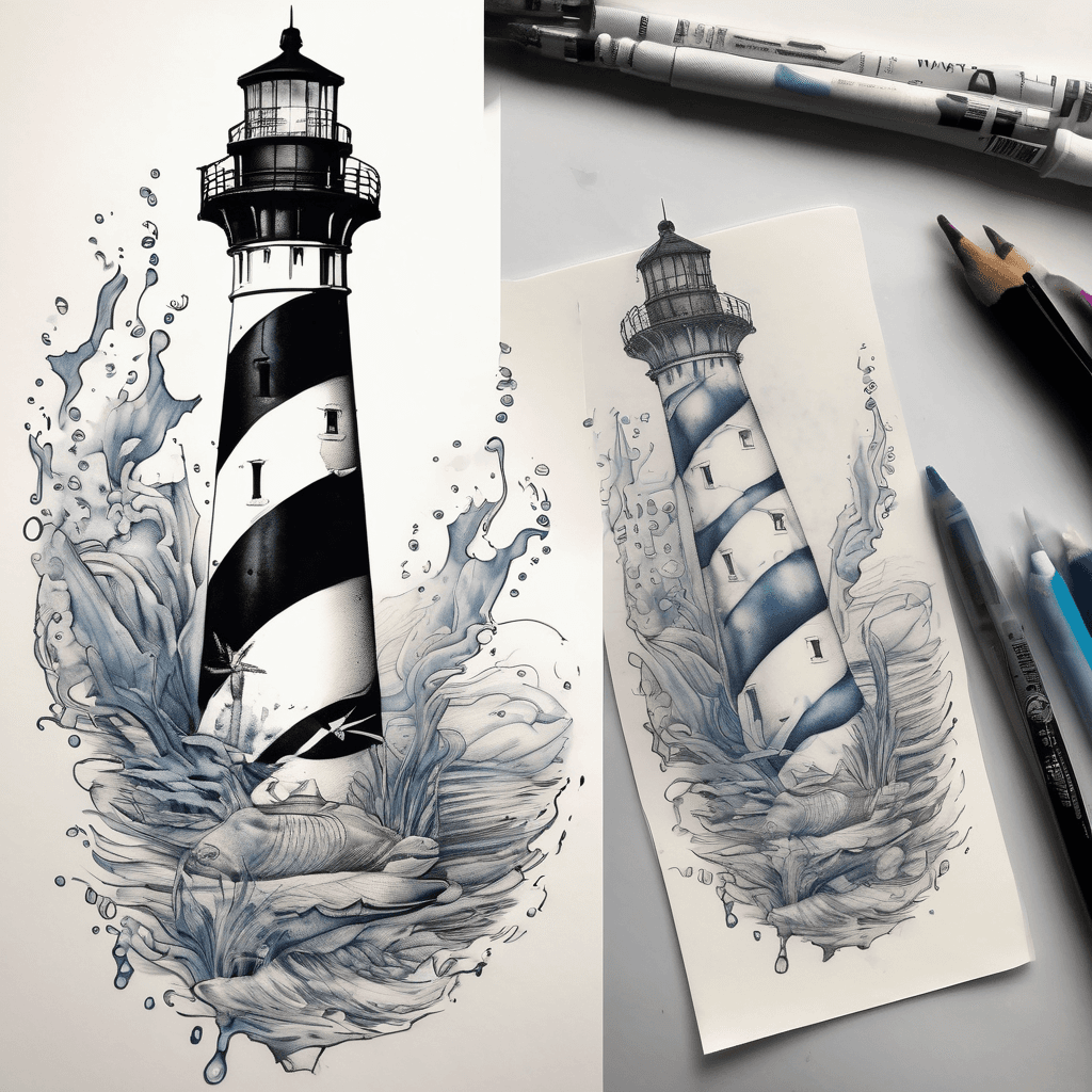 Cape Hatteras lighthouse less than 1/3 of design that transitions to waves then an underwater scene with a blue-ring octopus and spotted eagle ray