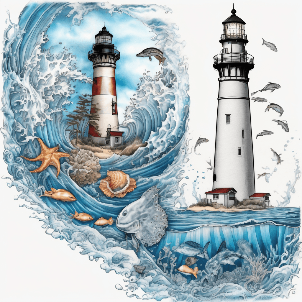 half sleeve design that is beach and underwater. The top third should be feature the cape Hatteras lighthouse and beach. Below the waves, a blue ring octopus, spotted eagle ray, nudibranch, and rhinopiafish