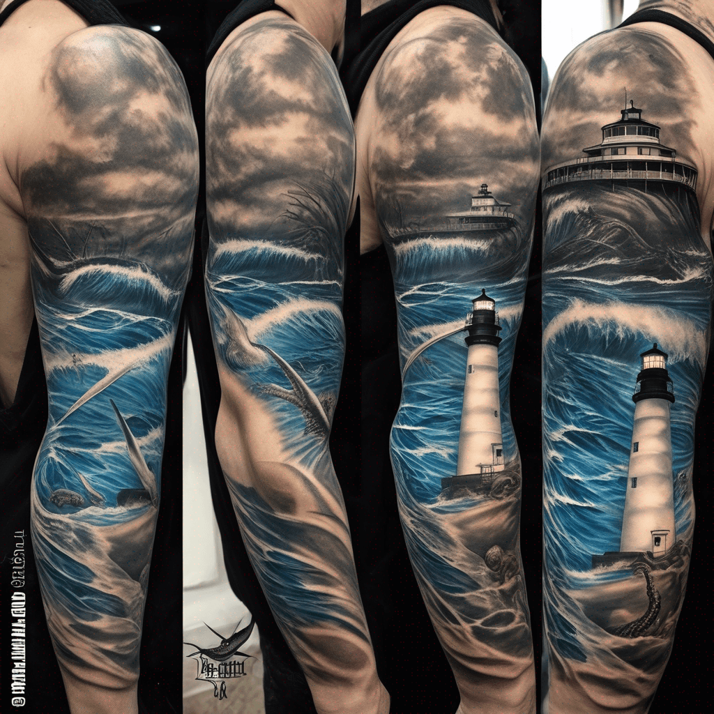 half sleeve design that is beach and underwater. The top third should be feature the cape Hatteras lighthouse and beach. Below the waves, a blue ring octopus, spotted eagle ray, nudibranch, and rhinopiafish