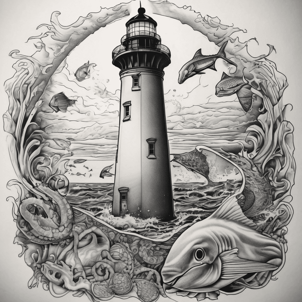 half sleeve design that is beach and underwater. The top third should be feature the cape Hatteras lighthouse and beach. Below the waves, the bottom third is the underwater scene that includes an octopus, manta ray, nudibranch, and rhinopiafish