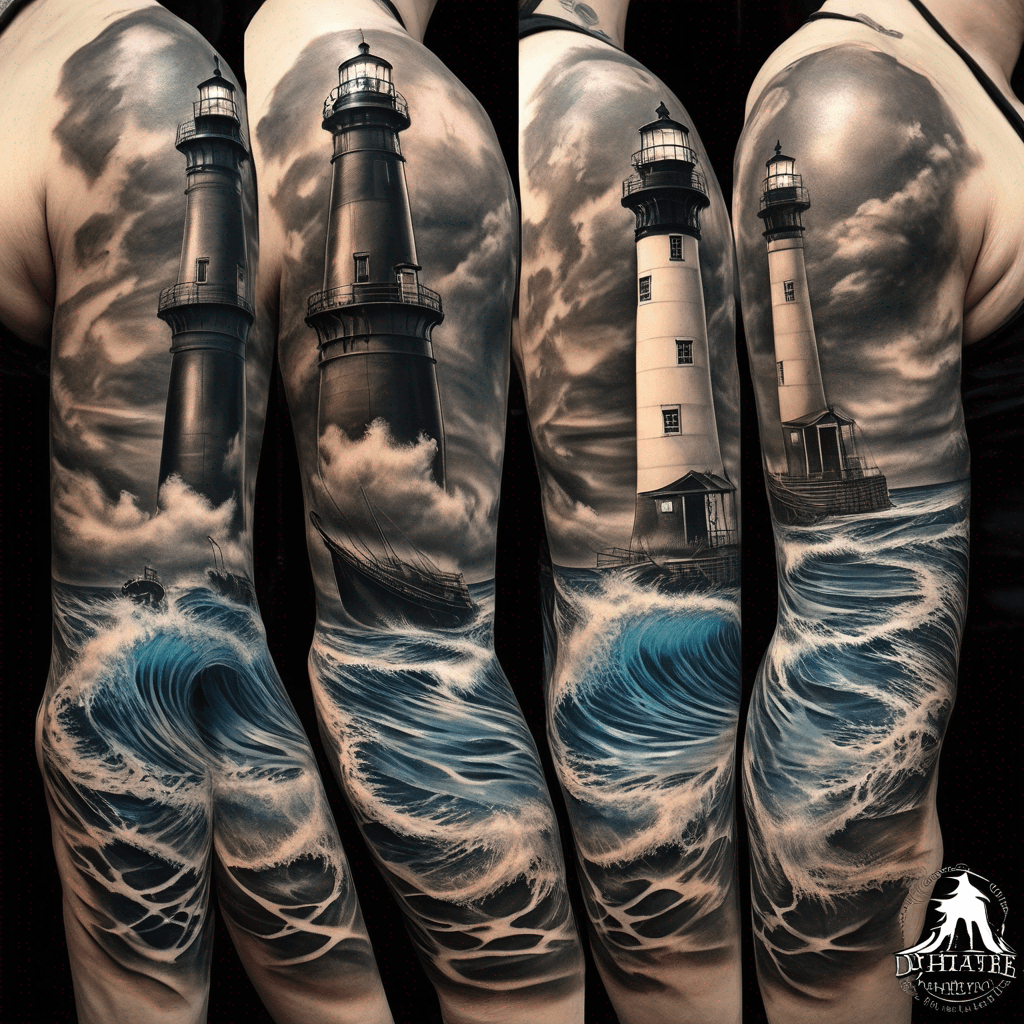 half sleeve design that is beach and underwater. The top third should be feature the cape Hatteras lighthouse and beach. Below the waves, the bottom third is the underwater scene that includes an octopus, manta ray, nudibranch, and rhinopiafish