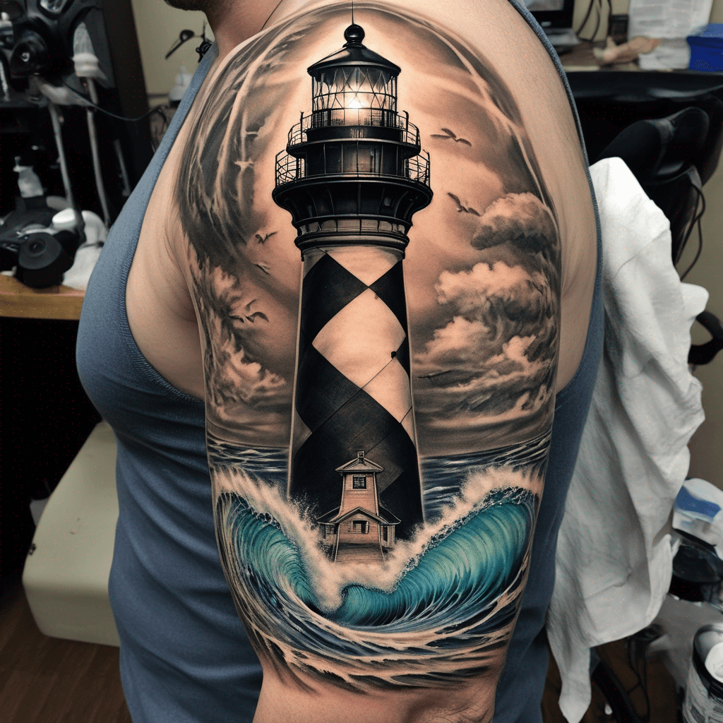 Half-sleeve: Cape Hatteras lighthouse & beach with waves top 1/3; underwater bottom 2/3: octopus/manta/nudibranch/rhinopias. Detailed, semi-realistic