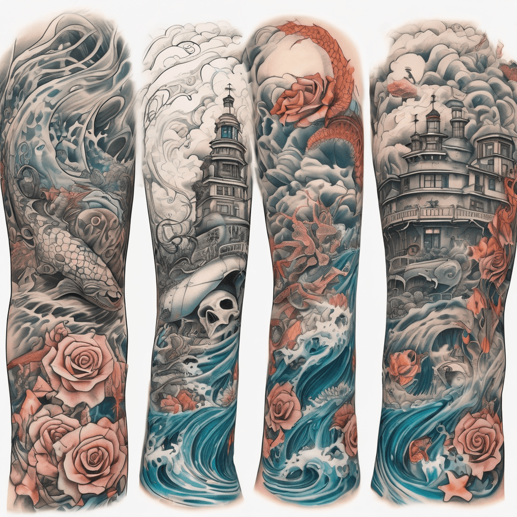 Half-sleeve top1/3 spiral lighthouse & beach waves; bottom2/3 underwater reef: octopus, manta, nudibranch, rhinopias, detailed semi-realistic, ocean light
