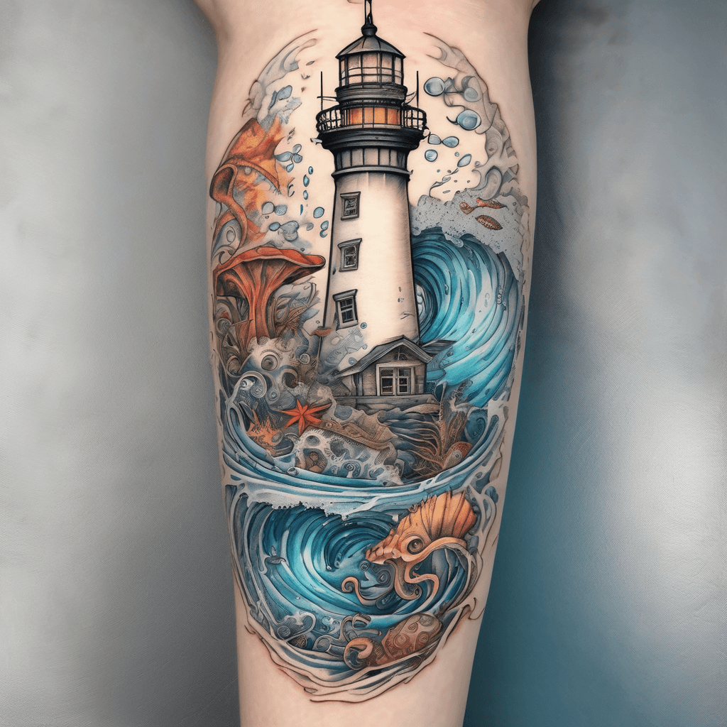 Half-sleeve top1/3 spiral lighthouse & beach waves; bottom2/3 underwater reef: octopus, manta, nudibranch, rhinopias, detailed semi-realistic, ocean light