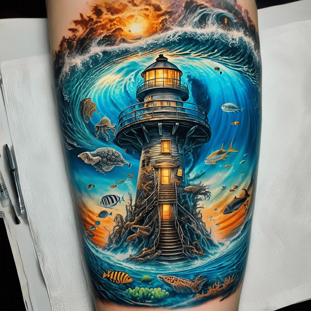 Half-sleeve top1/3 spiral lighthouse & beach waves; bottom2/3 underwater reef: octopus, manta, nudibranch, rhinopias, detailed semi-realistic, ocean light