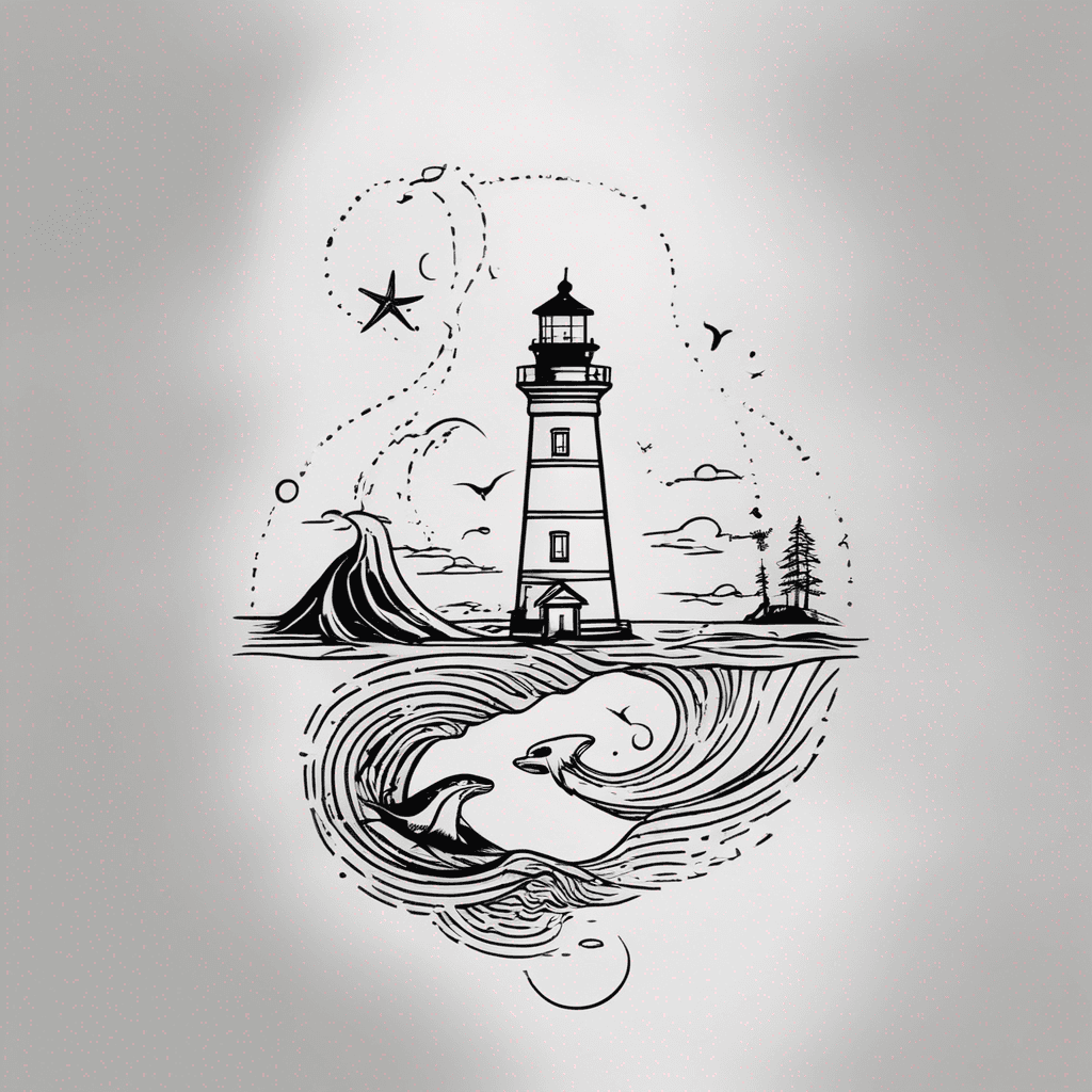 Half-sleeve top1/3 spiral lighthouse & beach waves; bottom2/3 underwater reef: octopus, manta, nudibranch, rhinopias, detailed semi-realistic, ocean light