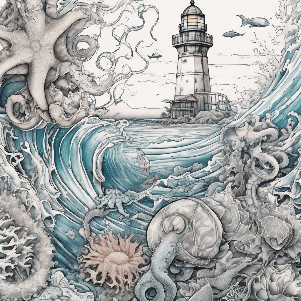 Half-sleeve top1/3 spiral lighthouse & beach waves; bottom2/3 underwater reef: octopus, manta, nudibranch, rhinopias, detailed semi-realistic, ocean light