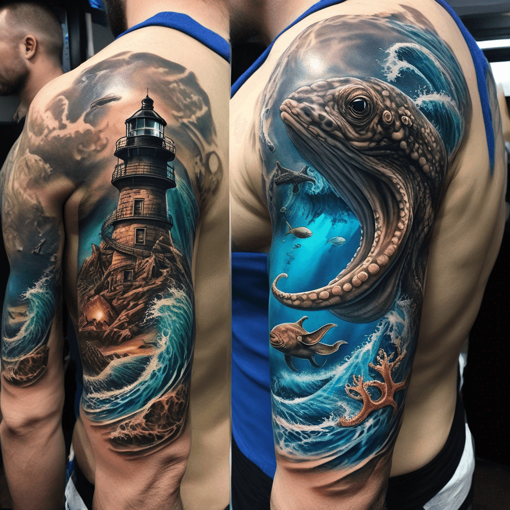 Half-sleeve top1/3 spiral lighthouse & beach waves; bottom2/3 underwater reef: octopus, manta, nudibranch, rhinopias, detailed semi-realistic, ocean light