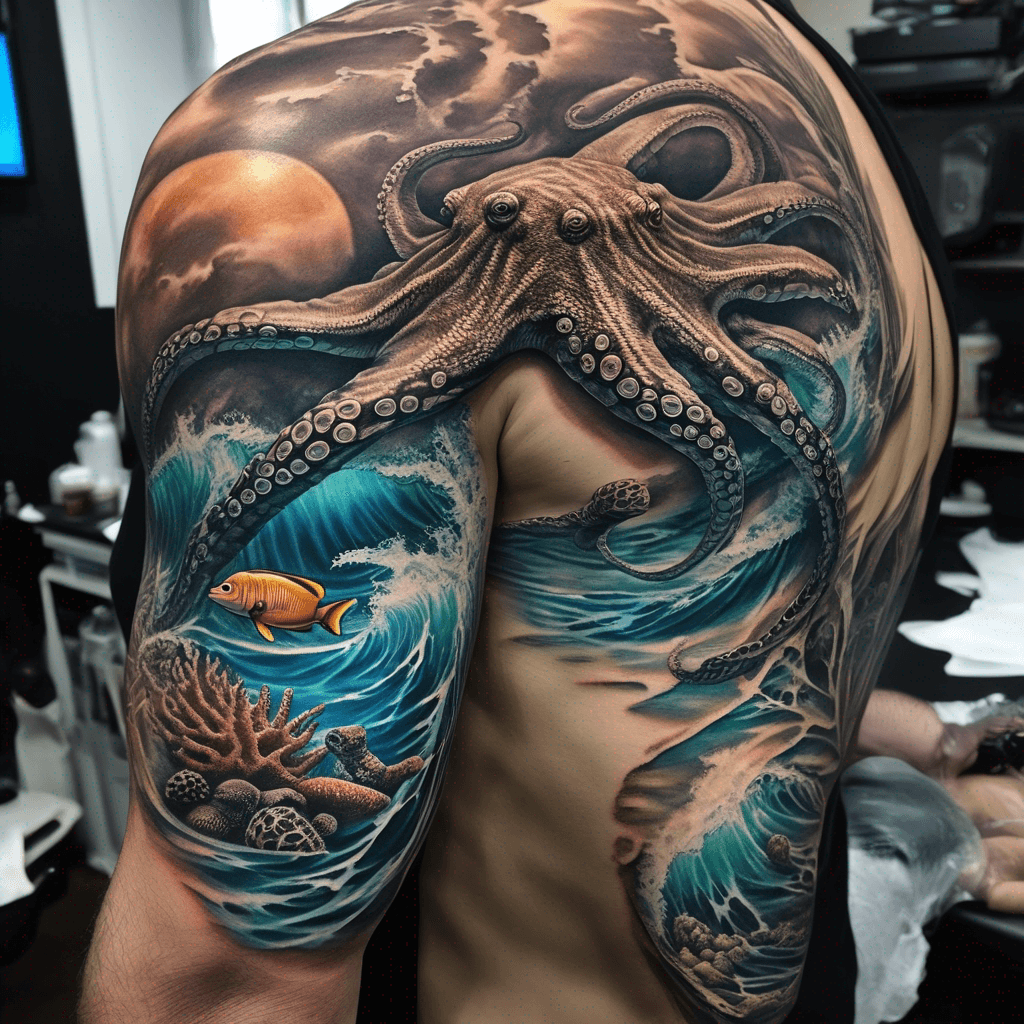 Half-sleeve top1/3 spiral lighthouse & beach waves; bottom2/3 underwater reef: octopus, manta, nudibranch, rhinopias, detailed semi-realistic, ocean light