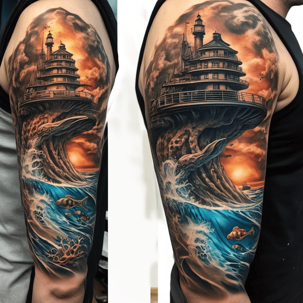 Half-sleeve top1/3 spiral lighthouse & beach waves; bottom2/3 underwater reef: octopus, manta, nudibranch, rhinopias, detailed semi-realistic, ocean light
