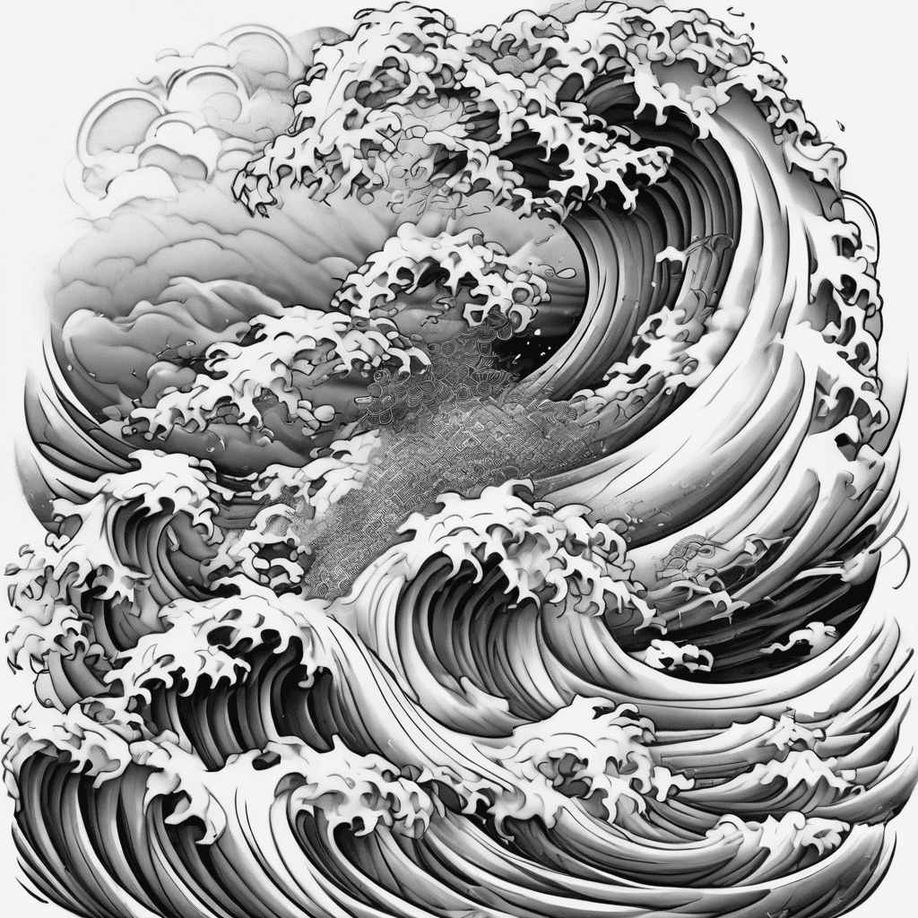 Continuous Japanese Irezumi full sleeve layout consisting strictly of traditional waves and heavy wind bars. No flowers, no animals, no skulls. Bold black linework, smooth heavy black and grey shading gradients, prominent finger waves with clean negative space white foam curls flowing dynamically along the arm contour. Clean white background, flat tattoo flash template design.