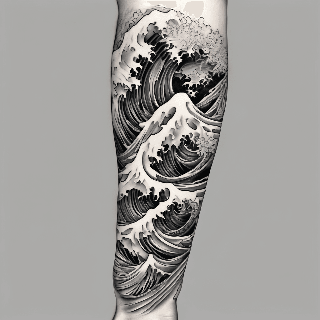 Continuous Japanese Irezumi full sleeve layout consisting strictly of traditional waves and heavy wind bars. No flowers, no animals, no skulls. Bold black linework, smooth heavy black and grey shading gradients, prominent finger waves with clean negative space white foam curls flowing dynamically along the arm contour. Clean white background, flat tattoo flash template design.