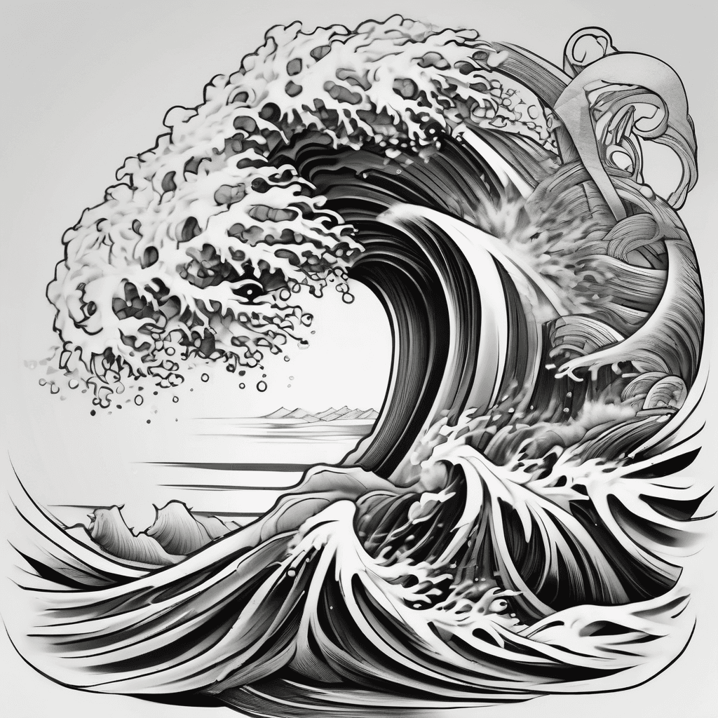 Continuous Japanese Irezumi full sleeve layout consisting strictly of traditional waves and heavy wind bars. No flowers, no animals, no skulls. Bold black linework, smooth heavy black and grey shading gradients, prominent finger waves with clean negative space white foam curls flowing dynamically along the arm contour. Clean white background, flat tattoo flash template design.