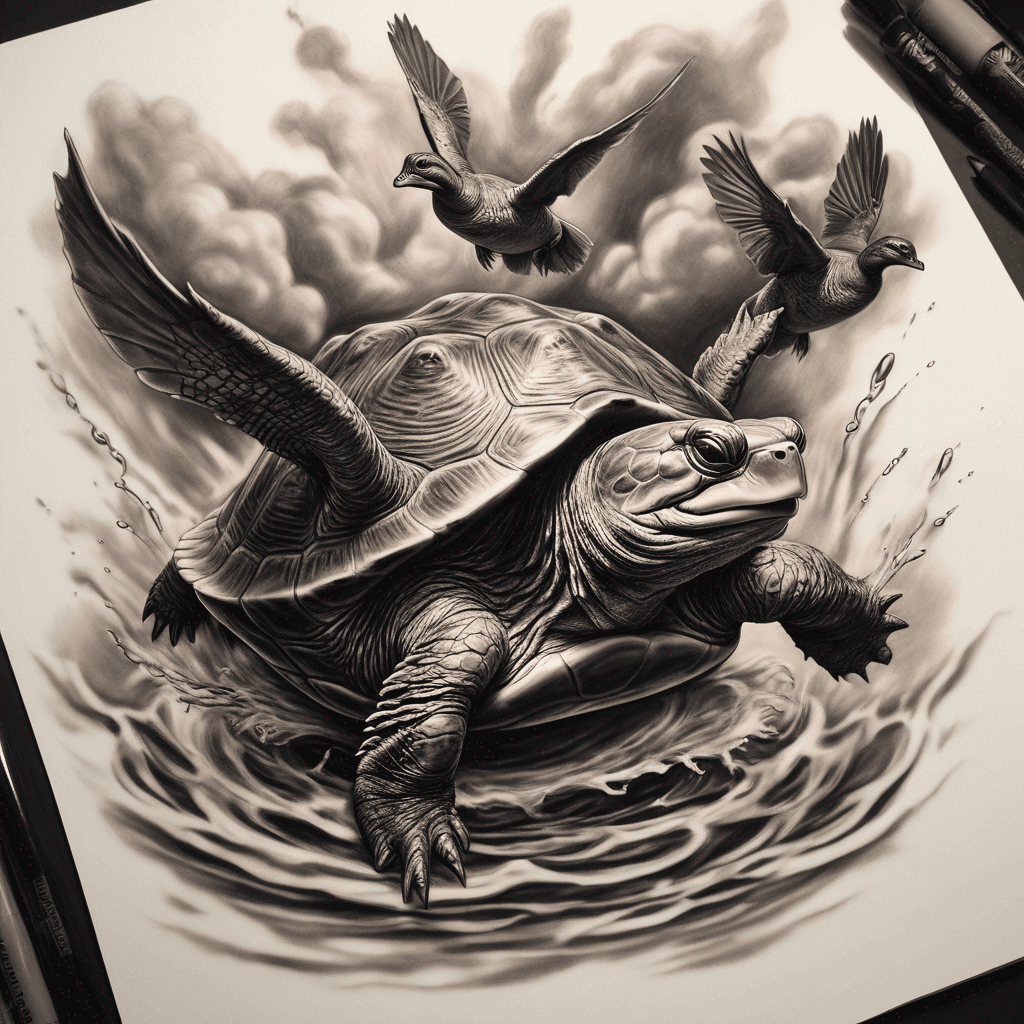 Snapping turtle coming out of water attempting to catch a flying baby wood duck