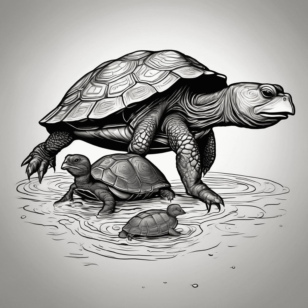 Snapping turtle coming out of water catching a baby wood duck