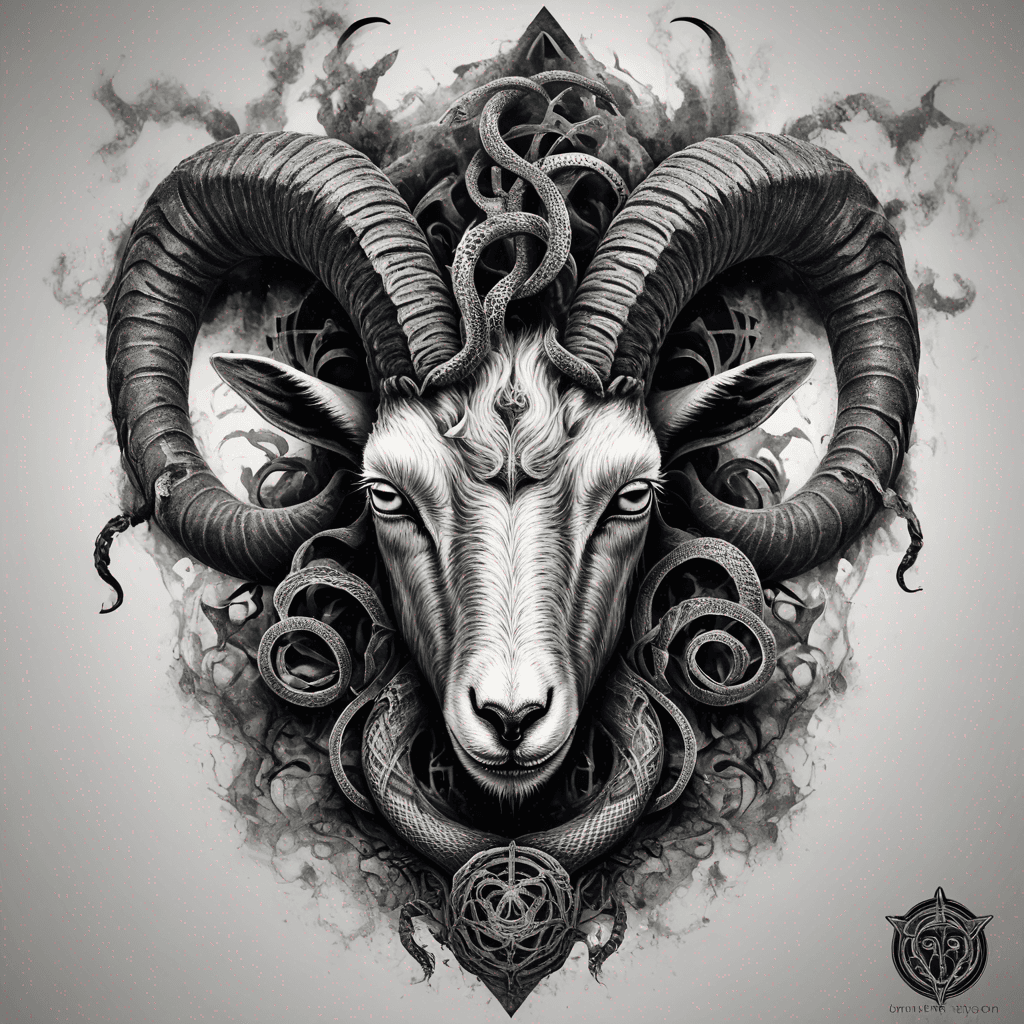 Goat demon head with two snakes twisting as horns, occult sigils, intricate blackwork linework, dotwork shading, high-contrast, symmetrical tattoo