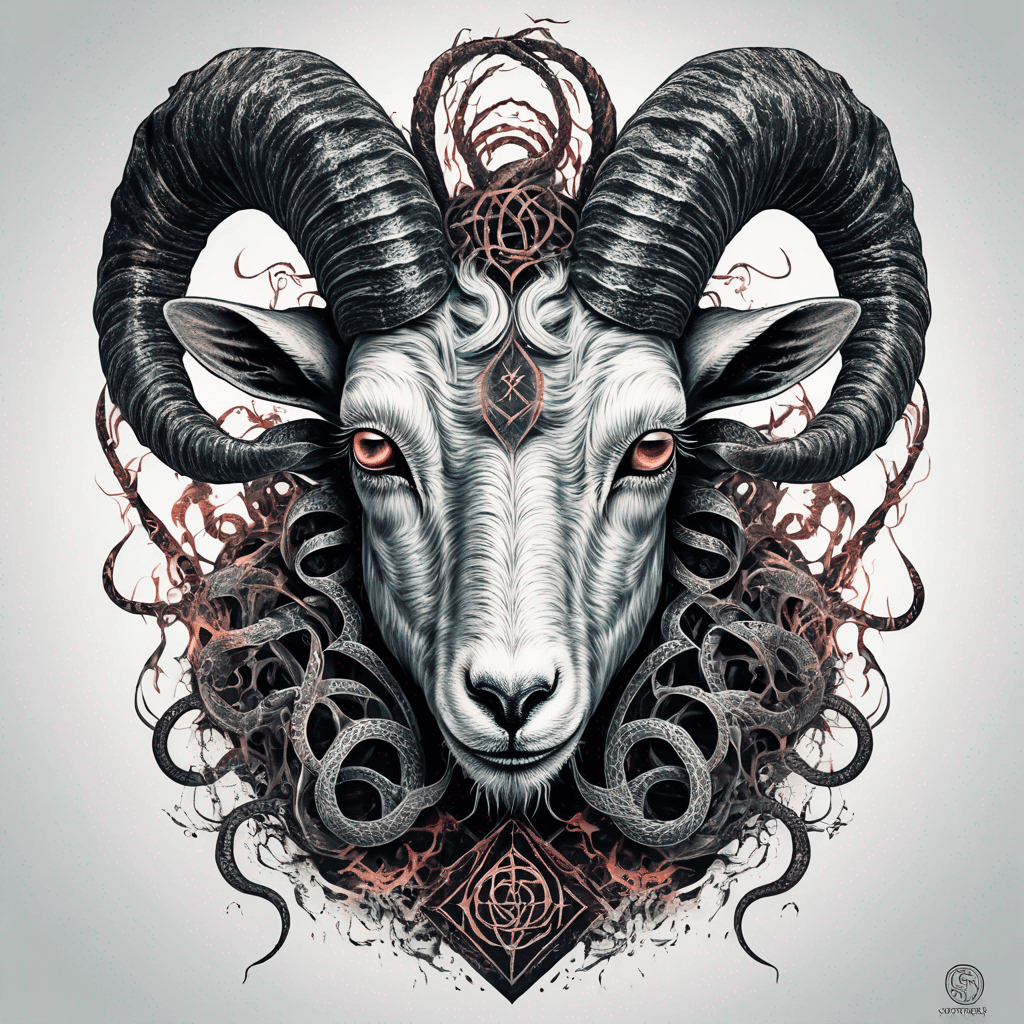 Goat demon head with two snakes twisting as horns, occult sigils, intricate blackwork linework, dotwork shading, high-contrast, symmetrical tattoo