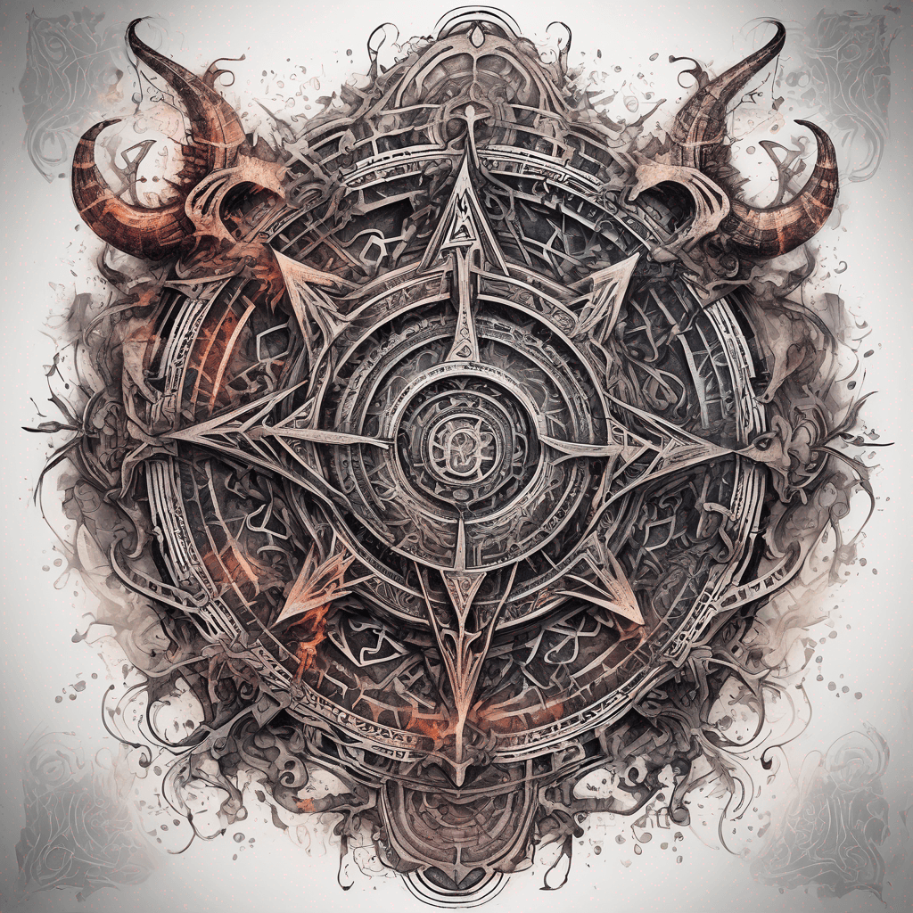 Ancient demon inscription, blackwork fine-line tattoo: ornate runes, filigree borders, dotwork shading, weathered texture, symmetrical layout