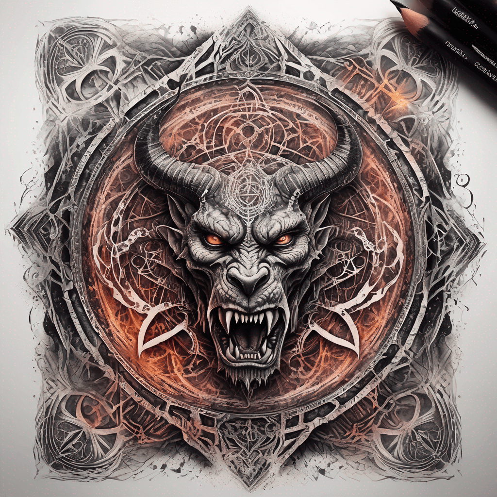 Ancient demon inscription, blackwork fine-line tattoo: ornate runes, filigree borders, dotwork shading, weathered texture, symmetrical layout