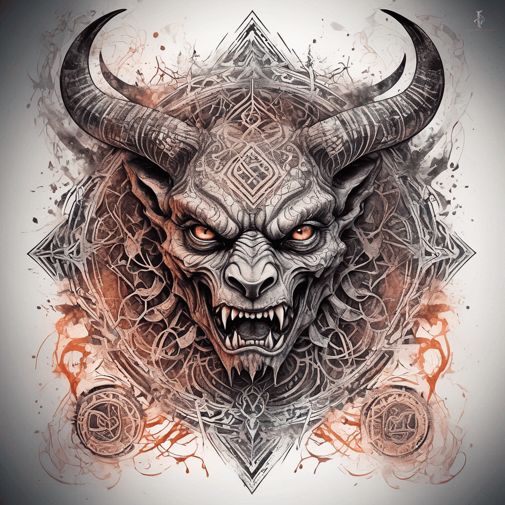 Ancient demon inscription, blackwork fine-line tattoo: ornate runes, filigree borders, dotwork shading, weathered texture, symmetrical layout