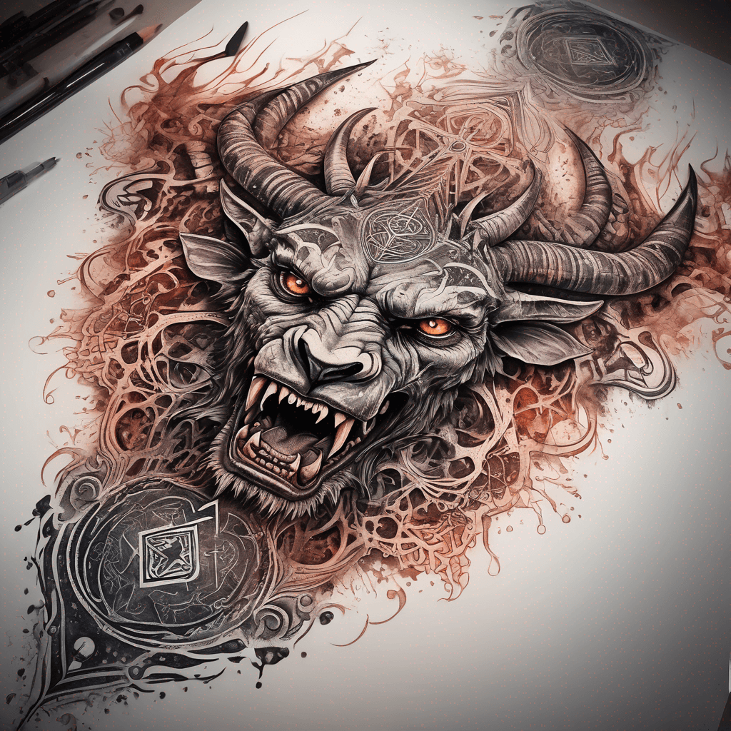 Ancient demon inscription, blackwork fine-line tattoo: ornate runes, filigree borders, dotwork shading, weathered texture, symmetrical layout