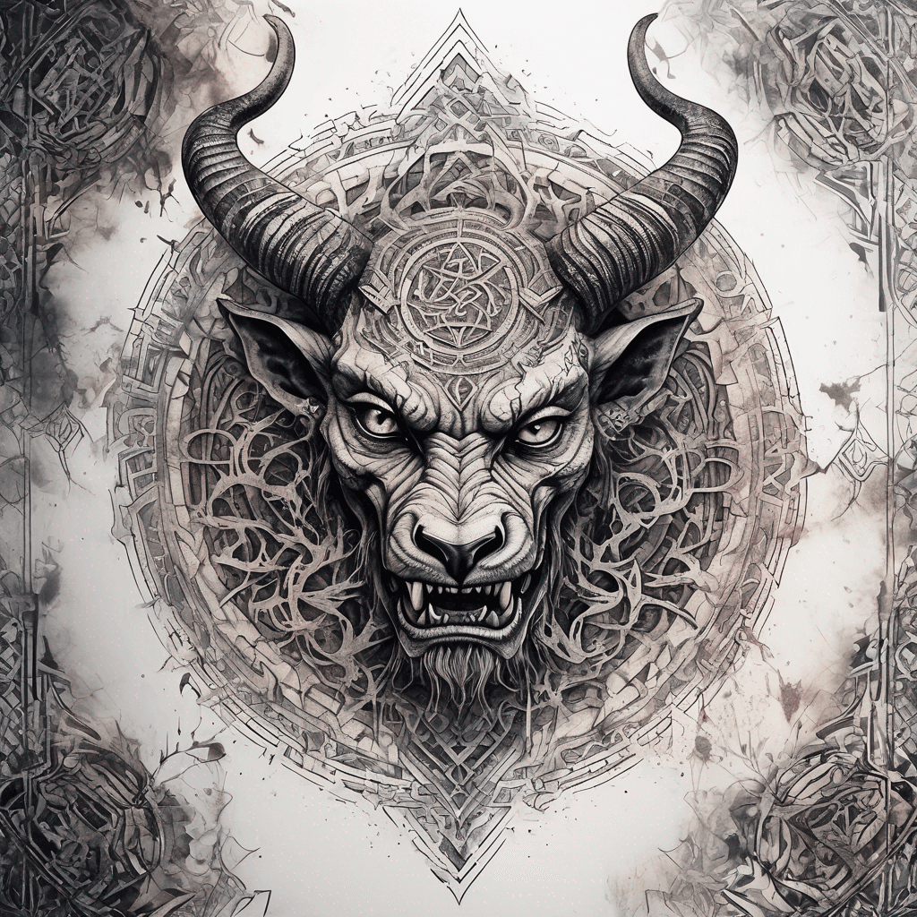 Ancient demon inscription, blackwork fine-line tattoo: ornate runes, filigree borders, dotwork shading, weathered texture, symmetrical layout
