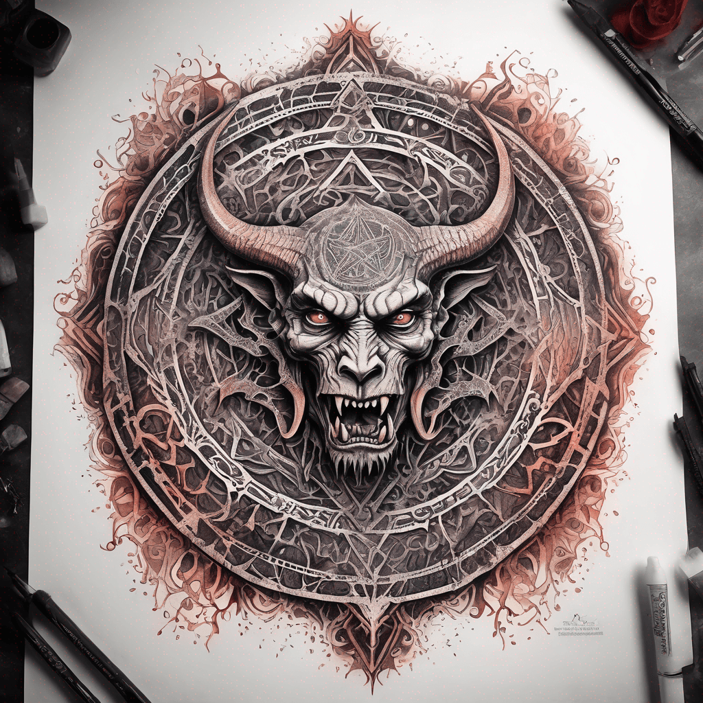 Ancient demon inscription, blackwork fine-line tattoo: ornate runes, filigree borders, dotwork shading, weathered texture, symmetrical layout