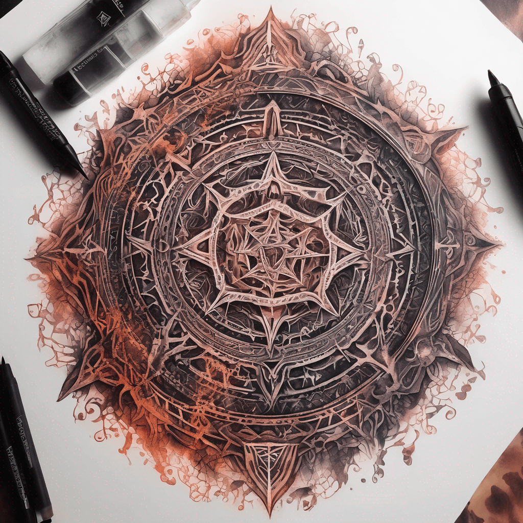 Ancient demon inscription, blackwork fine-line tattoo: ornate runes, filigree borders, dotwork shading, weathered texture, symmetrical layout